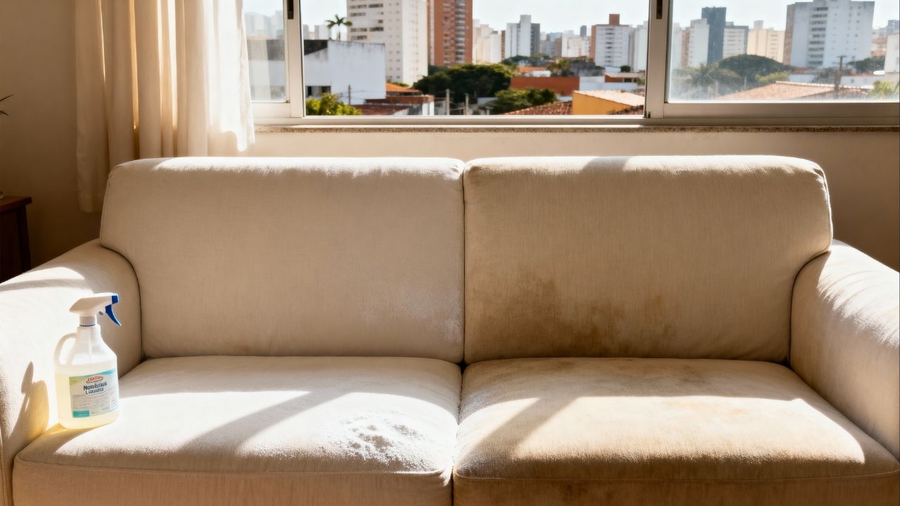 Apenas 2 colheres e o sofá claro volta à cor original, manchas antigas somem em 20 minutos