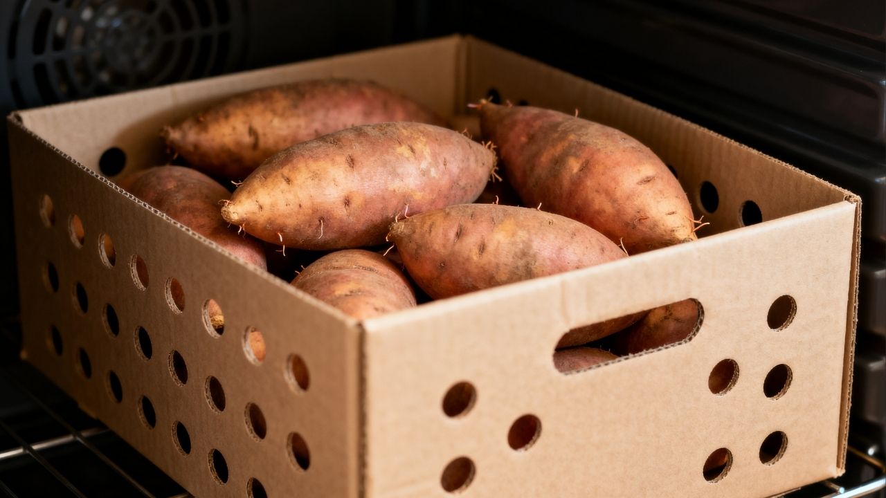 As batatas não brotam nem ficam moles por até 3 meses quando armazenadas corretamente dentro do armário