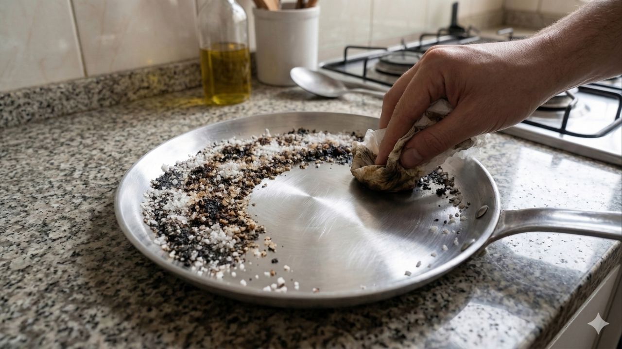 Colocar sal grosso no fundo da frigideira engordurada, o truque doméstico que ajuda a soltar gordura grudada sem arranhar