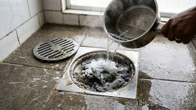 Como limpar o ralo do banheiro e remover o mau cheiro usando o truque do bicarbonato com água quente