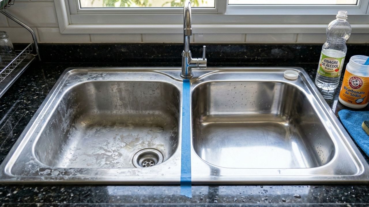Pia de inox brilhando novamente, sem palha de aço, com uma combinação caseira que remove manchas d’água e marcas de gordura