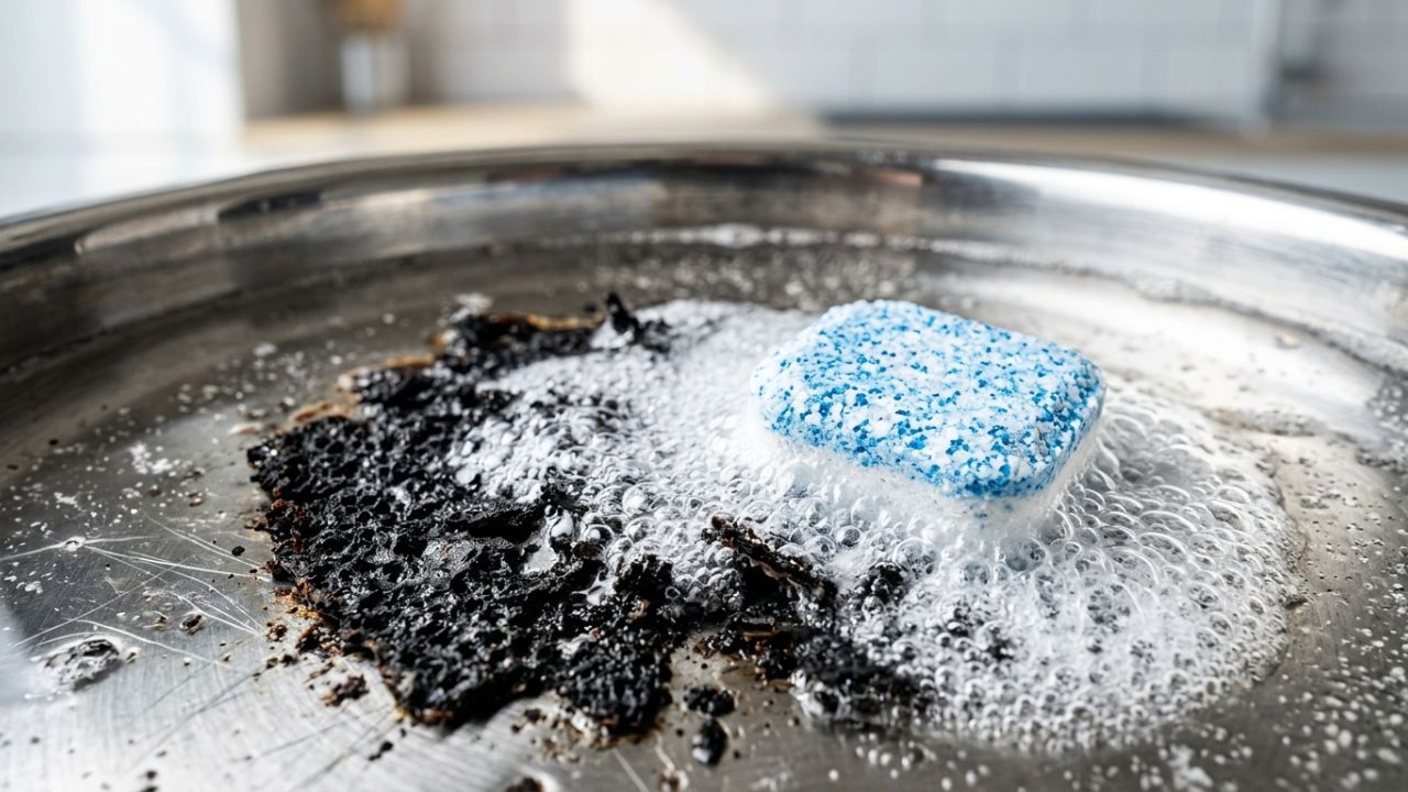 Cobrir o fundo da panela queimada com água morna e uma pastilha de lava-louças: um truque inteligente que solta a sujeira sozinho