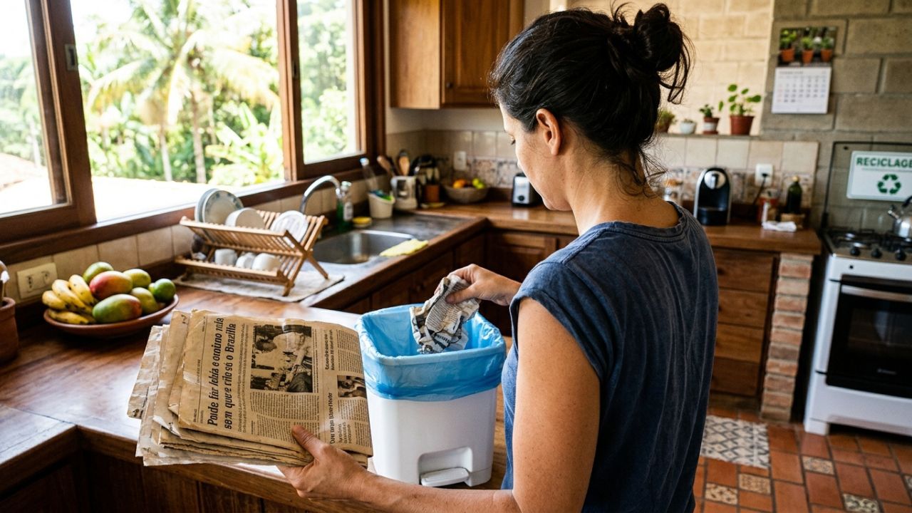Colocar folhas de jornal amassado no fundo da lixeira da cozinha sob o saco plástico: um truque inteligente para absorver o chorume e evitar o mau cheiro