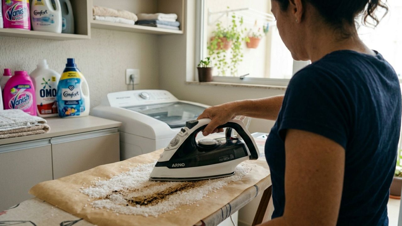 Como limpar a base do ferro de passar que grudou em tecidos: veja como deixá-lo liso e antiaderente usando sal grosso sobre uma folha de papel manteiga