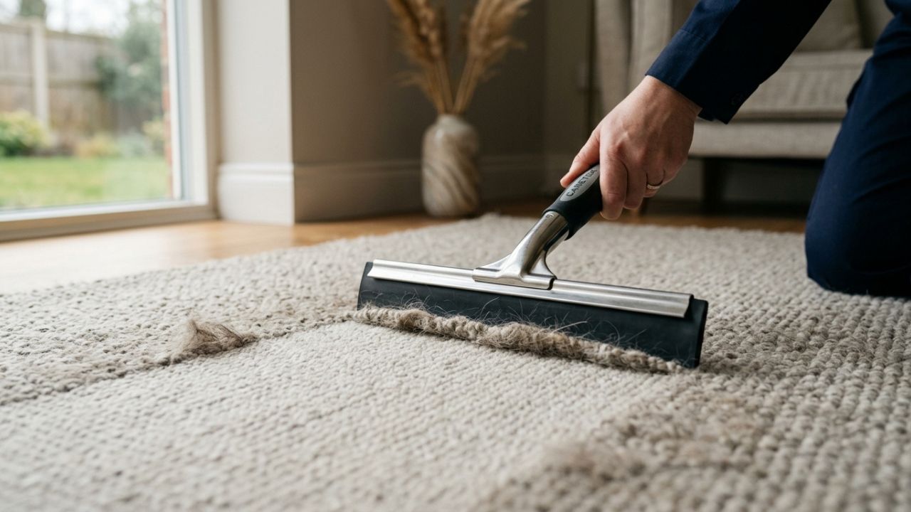 Como limpar os pelos de cachorro e gato grudados profundamente nas tramas do tapete: veja como deixá-lo sem fios usando um rodo limpa-vidros de borracha puxando a seco