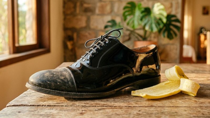 Esfregar a parte interna da casca de banana em sapatos de couro escuro: um truque inteligente para um brilho instantâneo