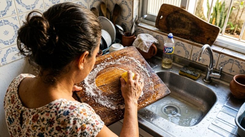 Espremer meio limão e adicionar sal grosso diretamente na tábua de cortar carne: um truque inteligente para clarear manchas