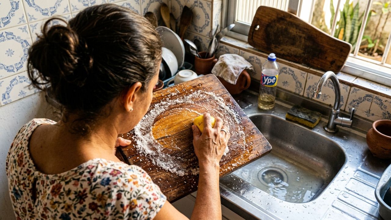 Espremer meio limão e adicionar sal grosso diretamente na tábua de cortar carne: um truque inteligente para clarear manchas