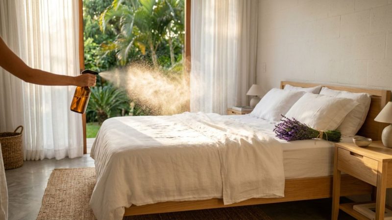 Misturar álcool 70%, água e algumas gotas de essência de lavanda para borrifar na cama: um truque inteligente para dormir melhor