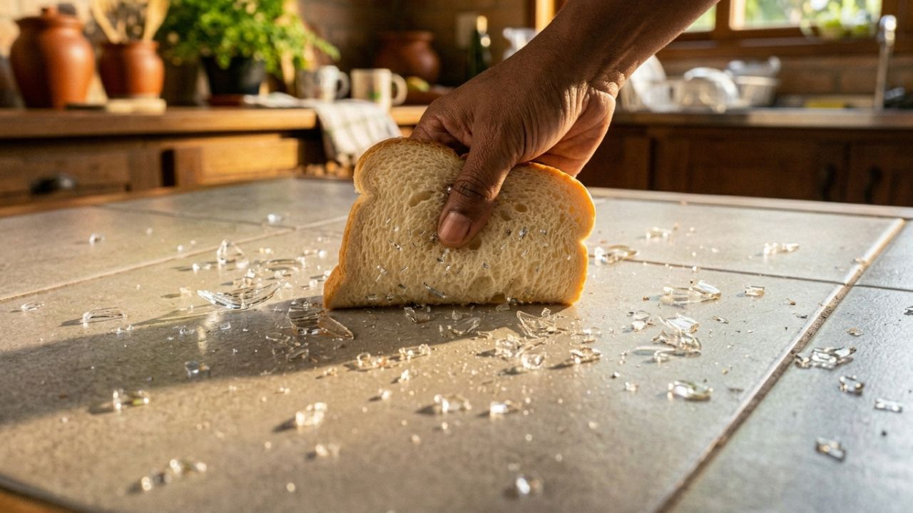 Pressionar uma fatia de pão de forma no chão onde um copo quebrou: um truque inteligente para recolher os cacos invisíveis