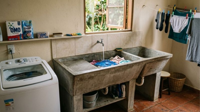 Adeus ao pesado tanque de cimento tradicional na lavanderia: a nova tendência é mais elegante e proporciona ganho de espaço com a cuba de inox embutida na bancada