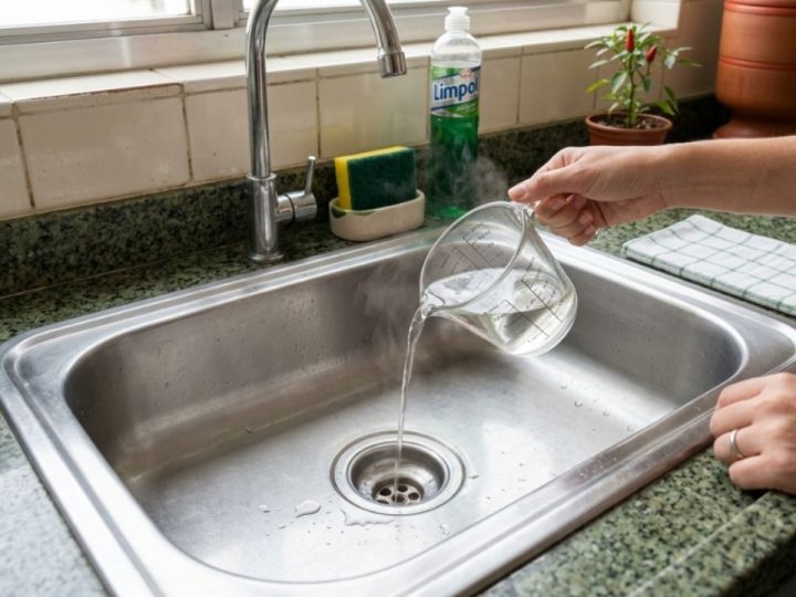 Basta aplicar meia xícara de vinagre branco quente no ralo e diga adeus ao mau cheiro na pia com um truque simples, rápido e eficaz que ajuda a manter a cozinha livre de odores ruins por muito mais tempo