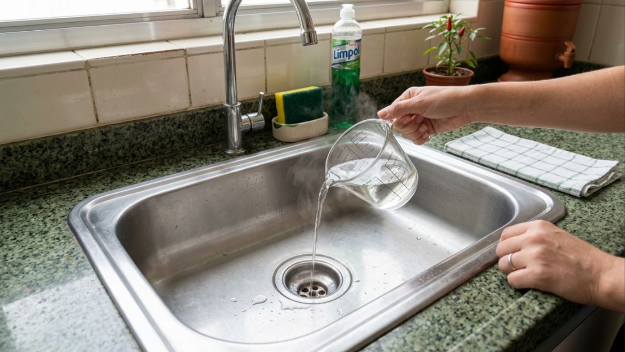 Basta aplicar meia xícara de vinagre branco quente no ralo e diga adeus ao mau cheiro na pia com um truque simples, rápido e eficaz que ajuda a manter a cozinha livre de odores ruins por muito mais tempo