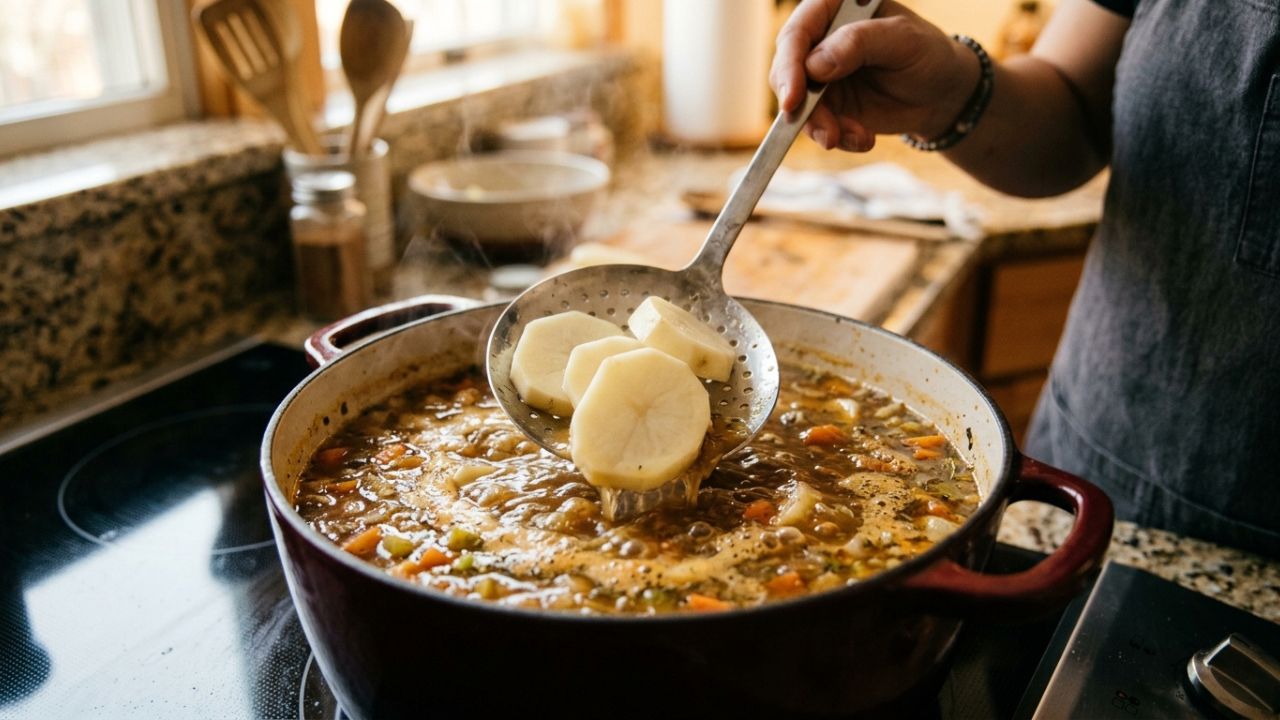 Colocar rodelas cruas de batata dentro da panela de sopa que ficou salgada demais: para que serve e por que você deve fazer isso para sugar o excesso de sal grosso