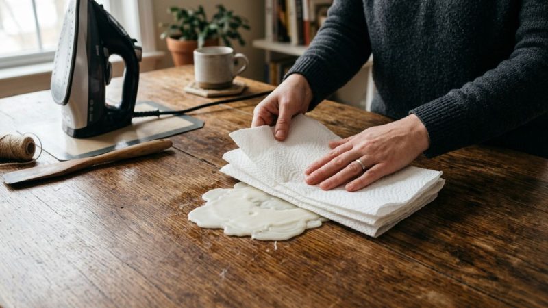 Como remover cera de vela seca do móvel ou tecido delicado: o truque fácil de colocar papel toalha por cima e passar o ferro quente que sempre funciona