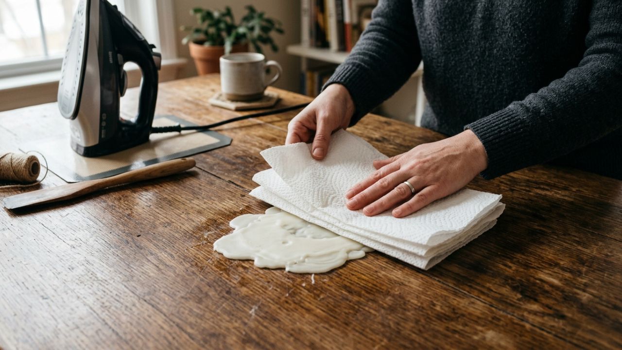 Como remover cera de vela seca do móvel ou tecido delicado: o truque fácil de colocar papel toalha por cima e passar o ferro quente que sempre funciona