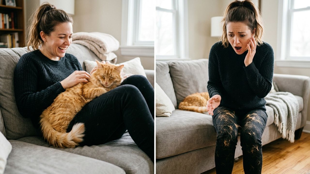 Como remover pelo de gato e cachorro grudado em calça preta rapidamente: o truque fácil de enrolar fita adesiva larga na mão que sempre funciona