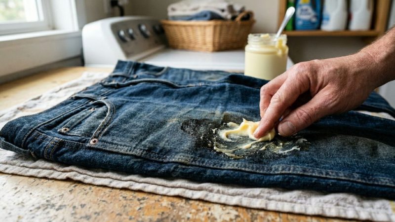 Como tirar manchas pesadas de graxa escura da calça jeans de trabalho: o truque fácil de esfregar margarina antes de colocar na máquina que está na moda nas redes sociais