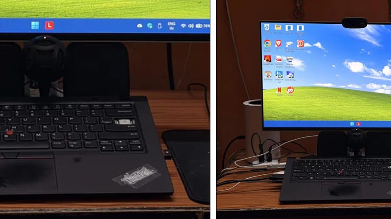 Homem paga R$ 103 em metade de um notebook Thinkpad e o transforma em máquina de trabalho conectado a um monitor