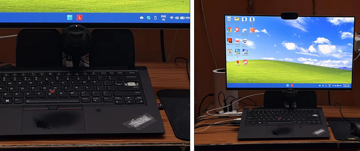 Homem paga R$ 103 em metade de um notebook Thinkpad e o transforma em máquina de trabalho conectado a um monitor