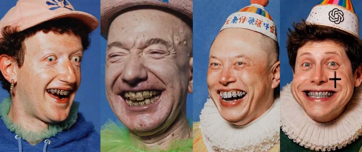 Usaram IA para transformar Elon Musk, Mark Zuckerberg, Jeff Bezos e Sam Altman em palhaços bizarros