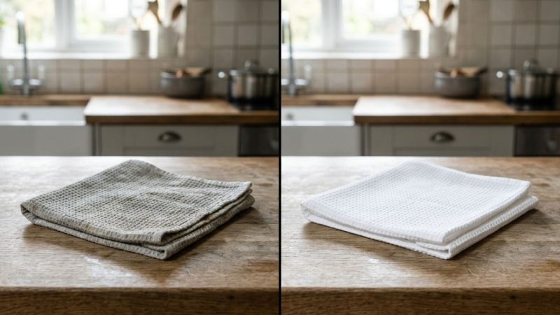 Como remover o encardido profundo de panos de prato: o truque do molho térmico com sabão de coco e bicarbonato que devolve a alvura original das peças sem danificar as fibras