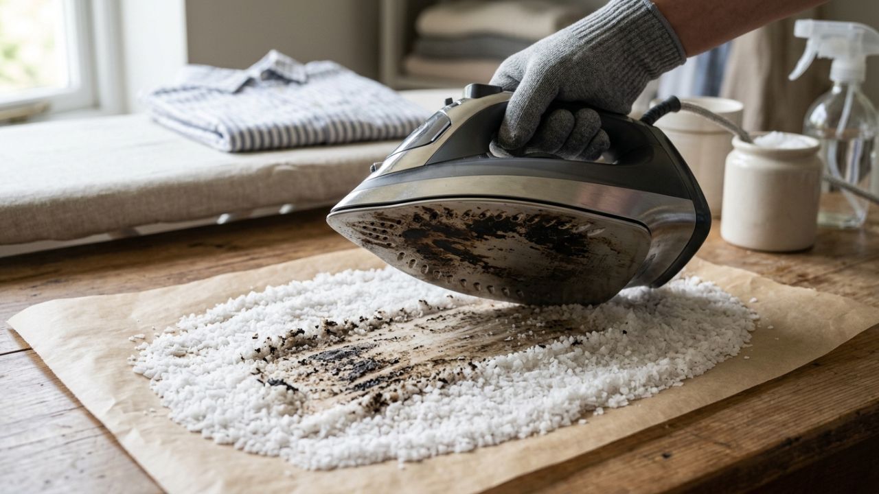 Esqueça o uso de facas ou esponjas de aço que arranham a chapa de metal: o truque do sal grosso em uma folha de papel que remove o tecido queimado e restaura o deslizamento do seu ferro de passar instantaneamente