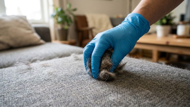 Esqueça o uso de fitas adesivas ou aspiradores de pó barulhentos: o truque da luva de látex úmida que reúne os pelos de animais de estimação em blocos e permite uma limpeza rápida e suave do seu sofá