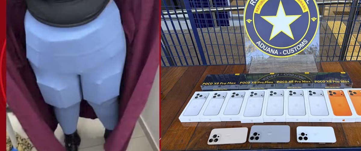 Mulher é flagrada com 16 smartphones escondidos sob a roupa durante fiscalização da Receita Federal no Paraná