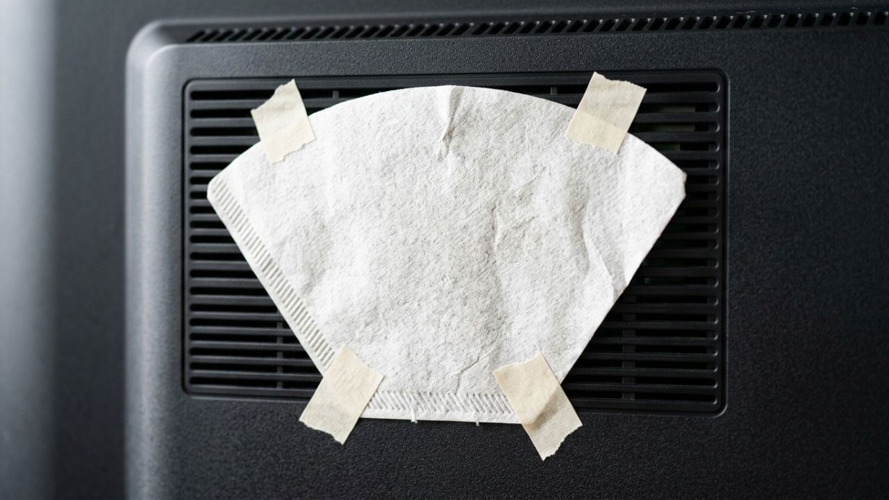 Pare de sofrer com o acúmulo de sujeira dentro dos seus eletrônicos: o truque do filtro de café adaptado nas saídas de ar que retém o pó antes de entrar no aparelho e evita o superaquecimento das placas internas
